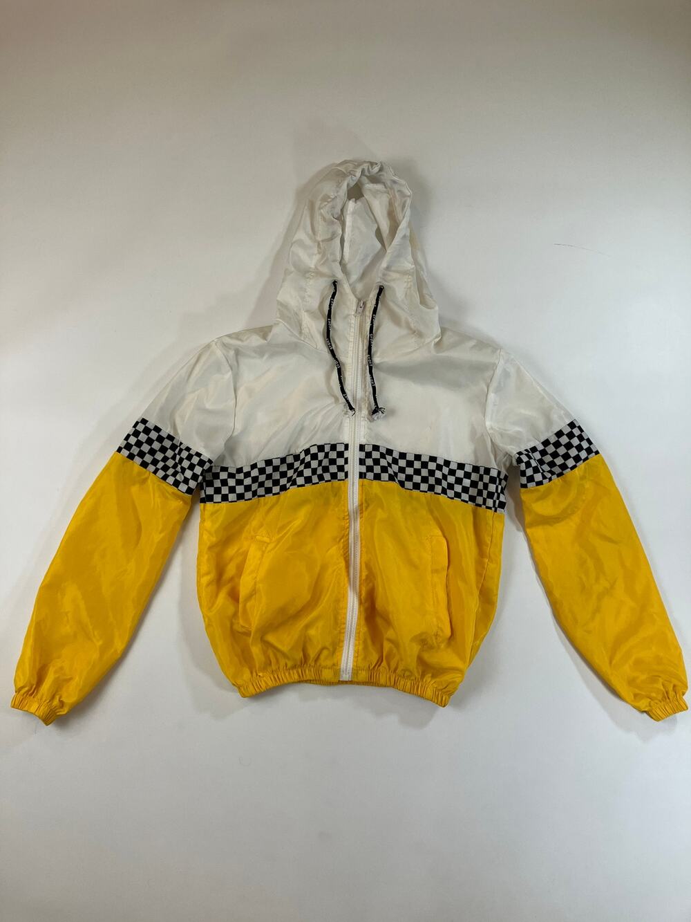 Women’s M 10 Yellow White Checkerboard Windbreaker Hooded Jacket Retro